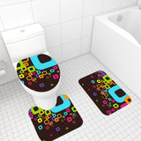 70s Style Bathroom Mat Set | Retro Midcentury 3-Piece Rugs, Geometric Rainbow Colors Black
