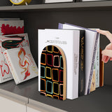 Neon Squares retro wooden bookend on a dark shelf with books