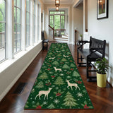 Green Woodland Christmas Runner Rug 24" × 120" – Deer & Pine Trees