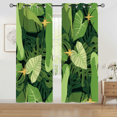 Retro Monstera Leaf Blackout Curtains: 70s Green Floral Midcentury Drapes
