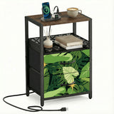 Monstera Leaf Print Nightstand with Built-In Power & Retro Front