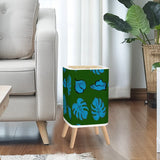 Retro 70s  Square Small Trash Can with Lid, Dark Green with Blue Leaves