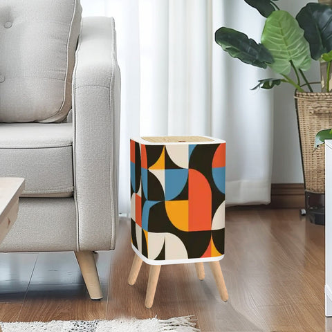 Scandi Style Square Trash Can with Lid, Abstract Geometric 60s 70s