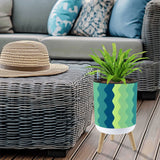 70s Midcentury Scandi Style Plant Pot with Wooden Legs, Wavy Blue Green