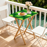 Green Peacock Eye retro TV tray set of 4, on a balcony with coffee and pastries