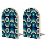 Retro Teal Wave Rings wooden bookends, set of 2, with teal and navy wavy rings
