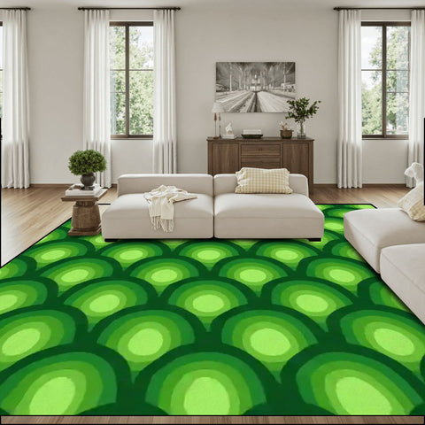 Green Extra Large Peacock Eyes Retro 70s Rug – Midcentury Non-Slip Carpet