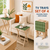 Checkered Green White Retro TV Trays Set of 4 with Wooden Storage Rack - 4 Pack - retro tv tray