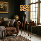 Cheetah Print Scandi Retro Wooden Tripod Floor Lamp - Leopard Fabric Shade - retro floor lamps