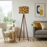 Cheetah Print Scandi Retro Wooden Tripod Floor Lamp - Leopard Fabric Shade - retro floor lamps