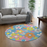 Colorful 70s Retro Round Rug Boho Hippie Flower Power Accent Carpet - 60’’ × 60’’ - retro rug