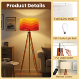 Retro Midcentury Floor Lamp Yellow Orange Red – Tripod Wood Base Linen Shade