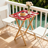 Red Christmas Trees retro TV tray set of 4, on a balcony with coffee and pastries
