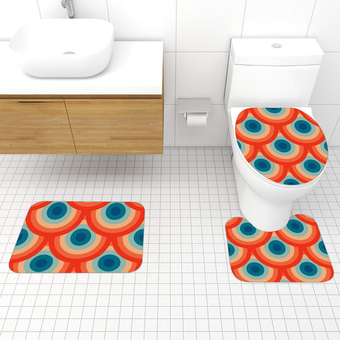 70s Style Bathroom Mat Set | Retro Midcentury 3-Piece Rugs, Peacock Eyes Rainbow Pattern