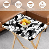 Black White Deer retro TV tray set of 4, tabletop close-up with fruit bowl