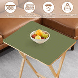 Olive Moss Green retro TV tray set of 4, tabletop close-up with fruit bowl