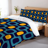 Retro 70s Double Duvet Cover Set: Midcentury Blue Yellow Microfiber Bedding