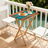 Teal Wood Grain retro TV tray set of 4, on a balcony with coffee and pastries