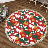 Red Green Geometric Tree Round Christmas Rug with Tassels – 70s Retro