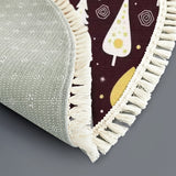 Round Retro Christmas Rug with Tassels – Burgundy Gold White Trees