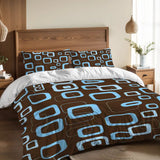 Blau-braunes Retro-Doppelbettwäsche-Set: Midcentury-Bettwäsche in voller Größe