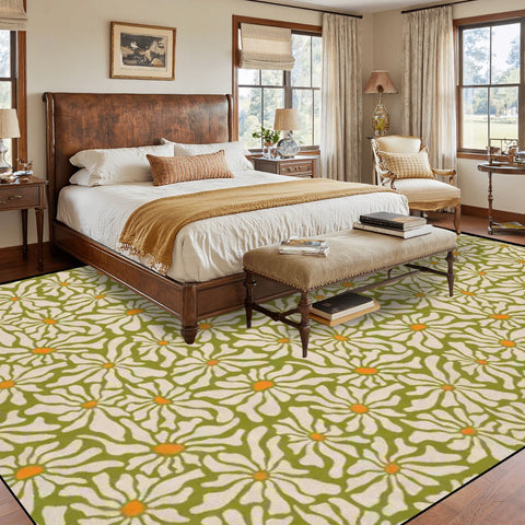 Midcentury 70s Retro Daisies Rug 12x9 ft – Large Floral Non-Slip Room Carpet