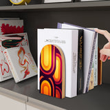 Purple Op-Art retro wooden bookend on a dark shelf with books