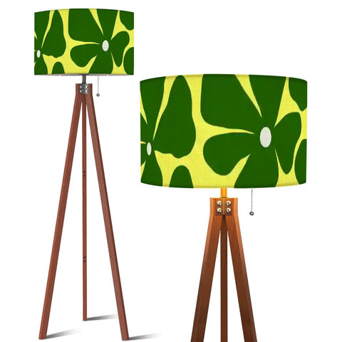 Retro Scandi Tripod Floor Lamp, 1970s Floral Green Yellow Shade