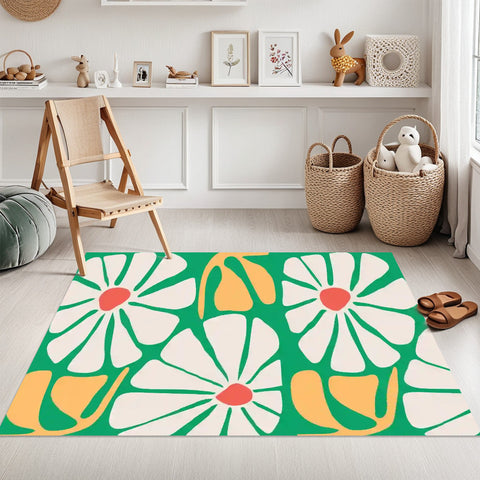 Floral Green White Yellow Midcentury Rug – No Tassels, Retro 70s Home Decor