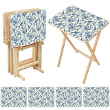 Blue Floral Toile retro TV tray set of 4, open table and four folded trays with storage rack