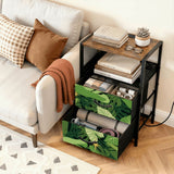 Monstera Leaf Print Nightstand with Built-In Power & Retro Front