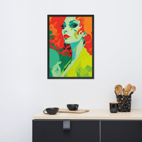 Framed RETRO 70s WALL ART POSTER,  Midcentury Style Groovy Female Portret Orange Green Yellow
