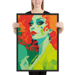 Framed RETRO 70s WALL ART POSTER,  Midcentury Style Groovy Female Portret Orange Green Yellow