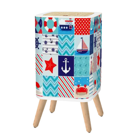 Retro Square Small Trash Can with Lid, Maritime Nautical Patchwork