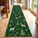 Green Woodland Christmas Runner Rug 24" × 120" – Deer & Pine Trees