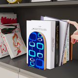 Blue Atomic Squares retro wooden bookend on a dark shelf with books
