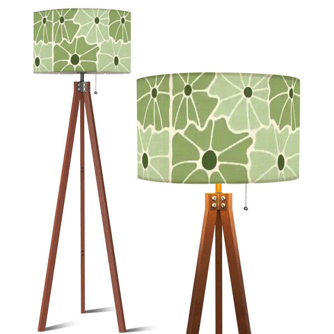 Retro Scandi Nordic Tripod Floor Lamp, Green Tones Flowers