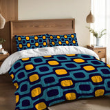 Retro 70s Double Duvet Cover Set: Midcentury Blue Yellow Microfiber Bedding