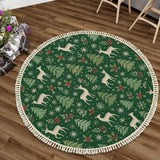 Green Reindeer Pine Round Christmas Rug with Tassels – Retro
