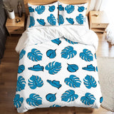 Blue Monstera Leaf Duvet Cover Set: 70s Retro Full Size Microfiber Bedding