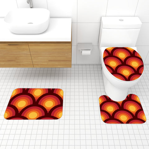 70s Style Bathroom Mat Set | Retro Midcentury 3-Piece Rugs, Peacock Eyes Orange