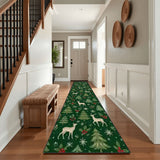 Green Woodland Christmas Runner Rug 24" × 120" – Deer & Pine Trees