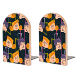 Retro Quirky Faces wooden bookends, set of 2, with orange faces on dark navy