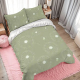 Sage green dandelion duvet cover set on a bed with a pink rug and gray curtains
