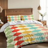 Harlequin duvet cover set on a bed with a wooden headboard and a pendant lamp