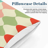 Pillowcase details close view with a harlequin print in red, green and cream