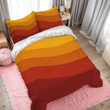 Orange and red wave stripes duvet cover set on a bed with a pink rug and gray curtains
