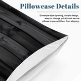 Pillowcase details close view with a black wood plank print