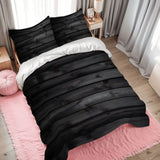 Black wood plank duvet cover set on a bed with a pink rug and gray curtains