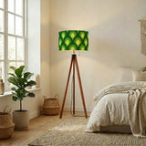 Green 70s Retro Tripod Floor Lamp – Midcentury Peacock Eye Linen Shade - retro floor lamps